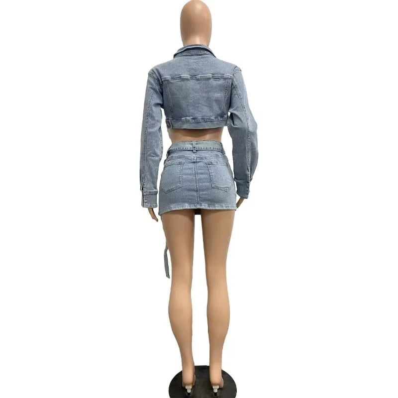nvxiot - Women Jeans Cargo Two Piece Set Turn Down Collar Long Sleeve Single Breasted Crop Jackets Top Pockets Belt Mini Skirts Suits