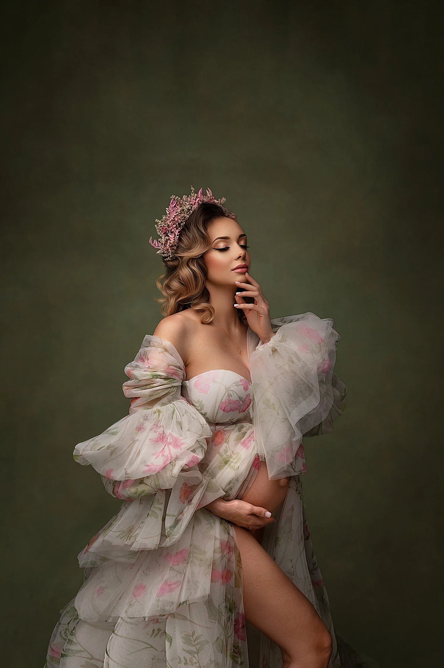 nvxiot Gorgeous Blossom Maternity Dresses for Photo shoot Silk Print Flowers Maternity Robes Babyshower Photography Dress Puff Sleeves