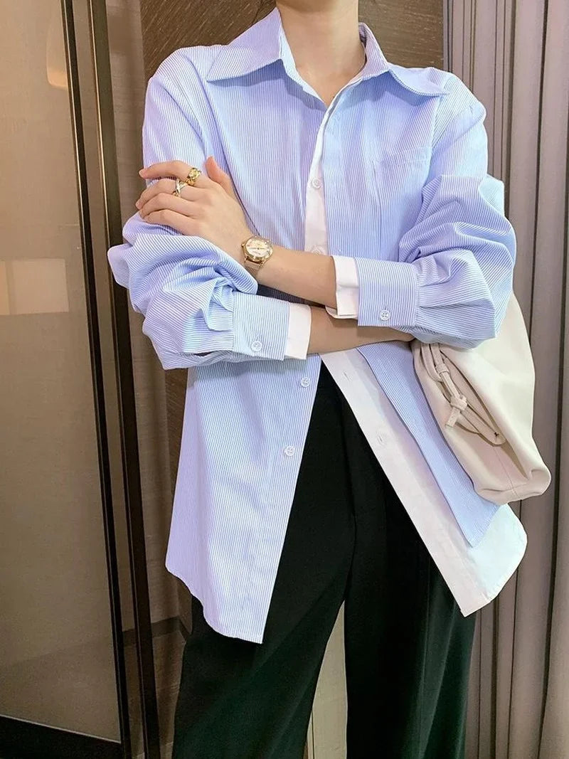 MQTIME - Women Plus Size Vintage Casual Long Sleeve T-Shirt 2024 New Fake 2 Pics Patchwork Stripe Spring Tops White Blue Solid Streetwear