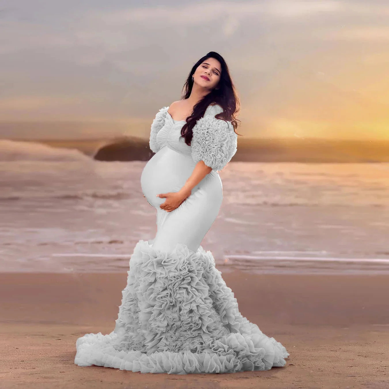 nvxiot - Women Dresses Stretchy Elegant Pink Mermaid Maternity Dress Half Sleeves Tulle Layered Maternity Gowns Off Shoulder