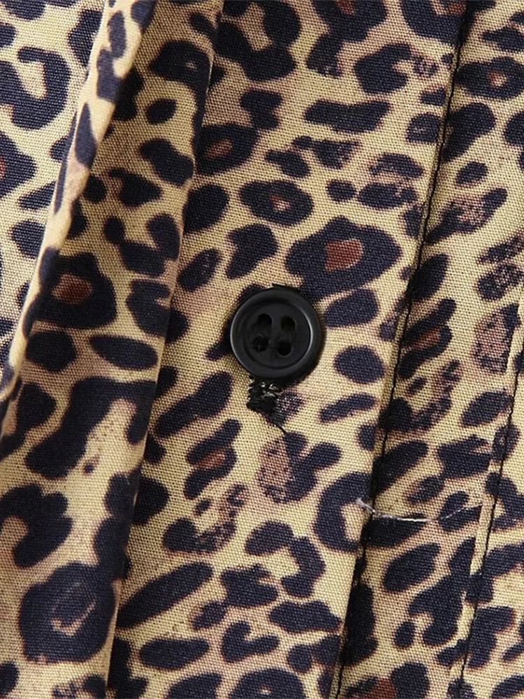 MQTIME - Leopard Print Shirts Shorts Sets Women 2024 Summer Single Breasted Lapel Short Sleeve Shirt Wide Leg Drawstring Shorts Outfits