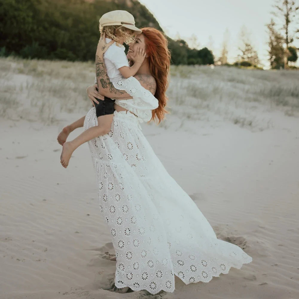 nvxiot - Photography Dress For Women White Hollow Cotton One Shoulder Sexy Bohemian Photoshoot Dress Maternity Dresses For Baby Showers