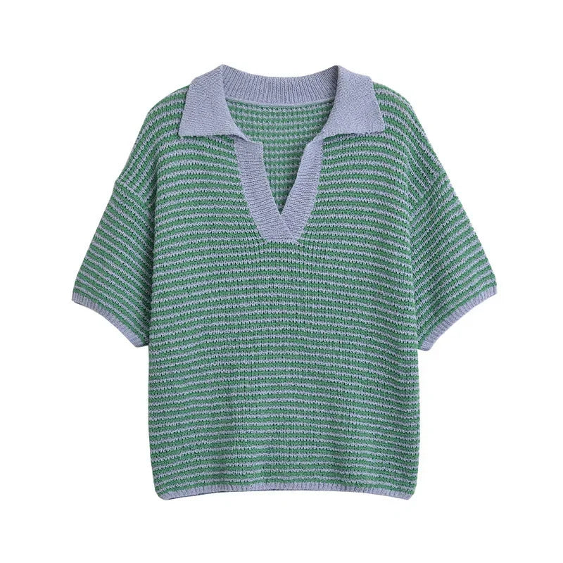 nvxiot - Knitted Contrast Top Set Women Green Lapel V-neck Pullover High Waist Short Pants Suit Female 2024 Autumn Casual Chic Outfit