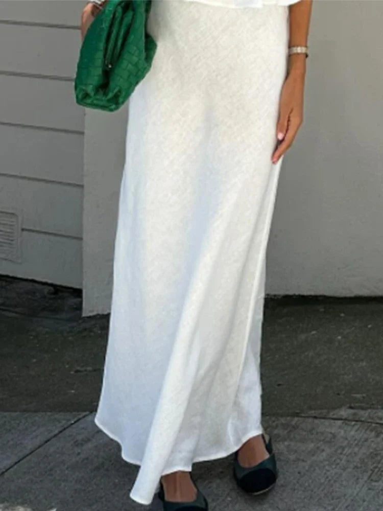 MQTIME - Pleated White Lace Up Tank Top Long Skirt Suit Women Elegant O-neck Sleeveless Tops Skirts 2 Pieces 2024 Summer Lady Streetwear