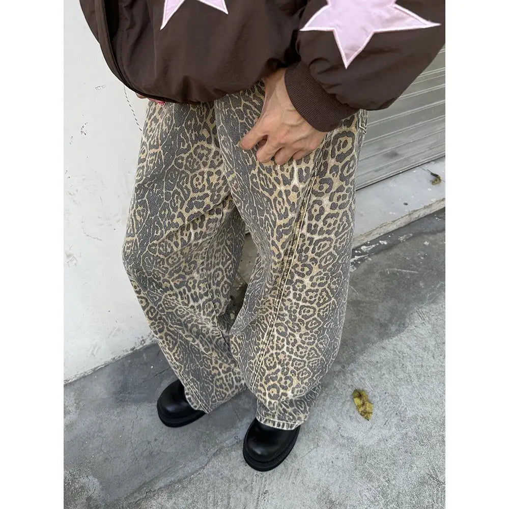 nvxiot - American retro jeans 2024 new camouflage leopard print jeans for men and women loose straight and versatile casual trousers