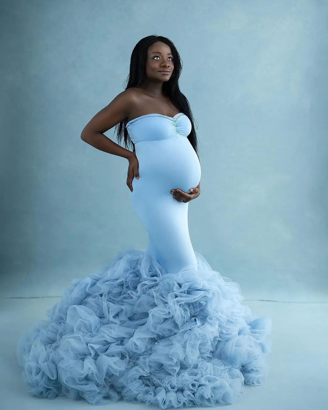 nvxiot - Stretchy Satin Tulle Mermaid Maternity Photoshoot Dress Off-shoulder Pregnancy Gown for Wedding Guest Baby Shower Robe