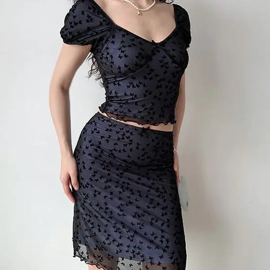 MQTIME - American Spicy Girl Butterfly Mesh Short Sleeve T-shirt Top+Hip Wrap Sexy Short Skirt Set Summer Two Pieces Sets Women Outfits