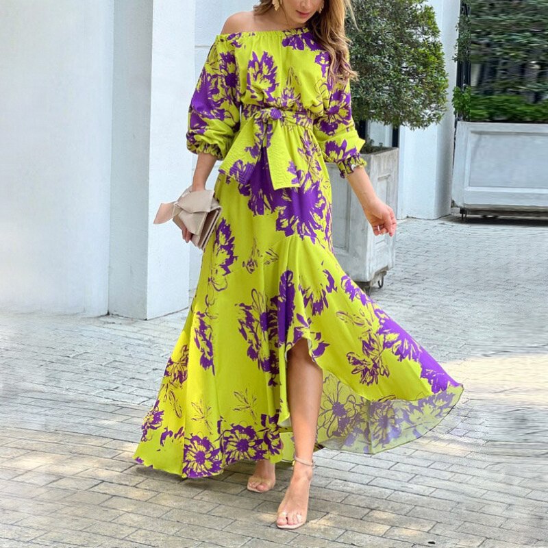 nvxiot 2023 Women Maxi Dress Korean Fashion Casual Floral Print Lantern Long Sleeve Lace Up Sloping Shoulders Dresses High Streetwear