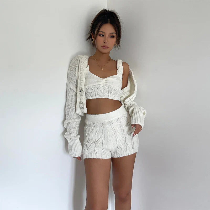 MQTIME - Two Pieces Set, 3 Piece Set, Solid Outfit Button Crystal Rhinestone Sweater Coat Crop Top, Elastic Waistband Short Tracksuit y2k