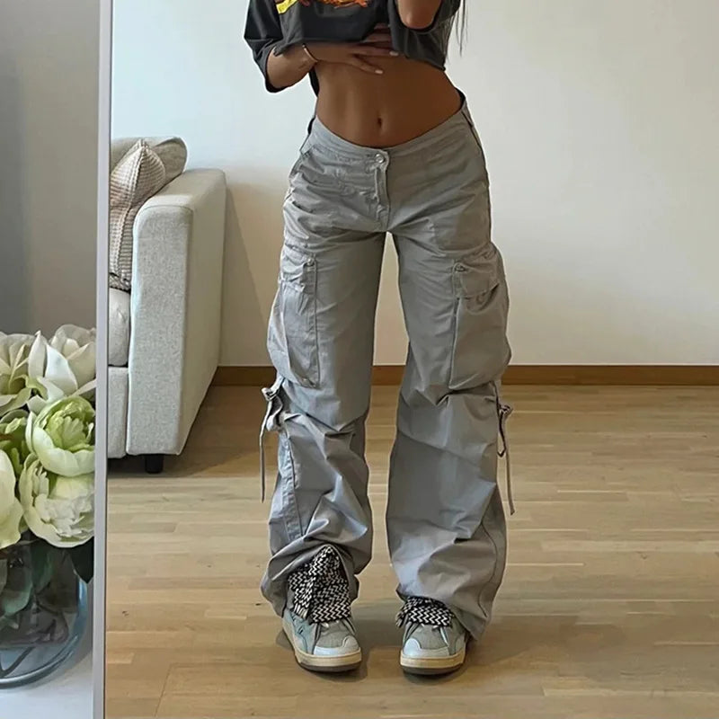 nvxiot Cargo pants for women low waist retro multiple pockets loose straight leg casual pants autumn women Y2K fashion wide leg pants