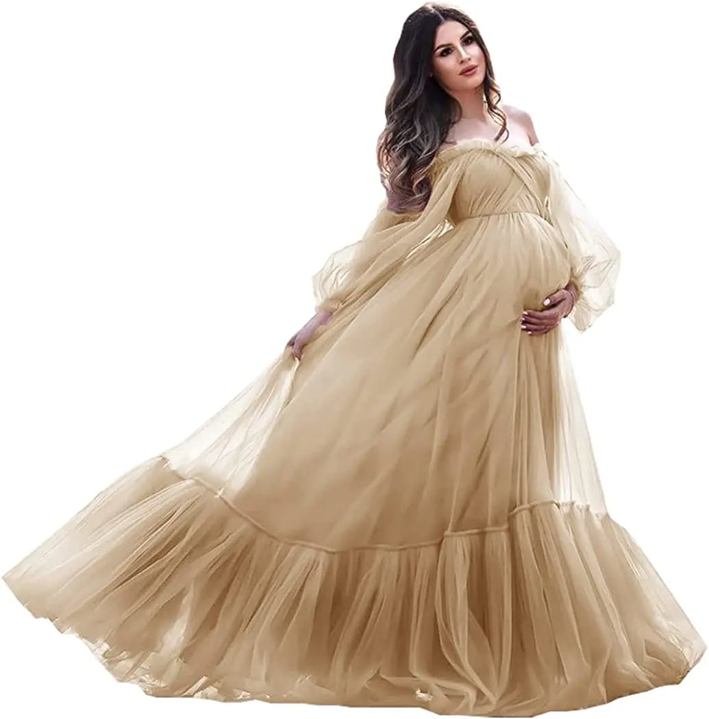 nvxiot - Puffy Sleeve Maternity Dress Tulle Robe With Underskirt for Photoshoot Off Shoulder Pregnancy Baby Shower Gown