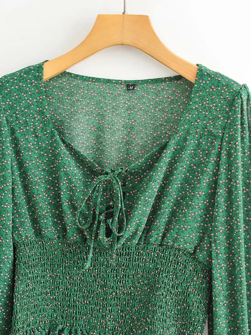 nvxiot - Women Summer Cottagecore Floral Print Blouse Shirt Indie Lace Up Tops Blouses Woman Long Sleeve Shirts Flower Green Tops 2024