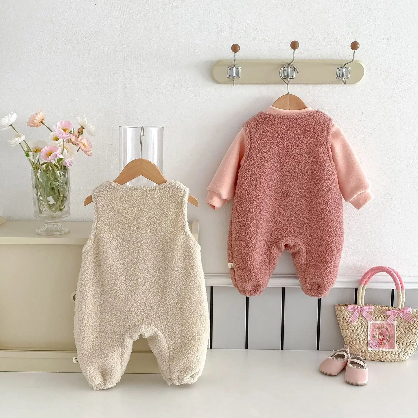 MQTIME - Autumn/Winter Baby Fleece Rompers 0-2 Y Infant Girls Sweet Heart Sleeveless Jumpsuit Toddler Warm Fur Outwear
