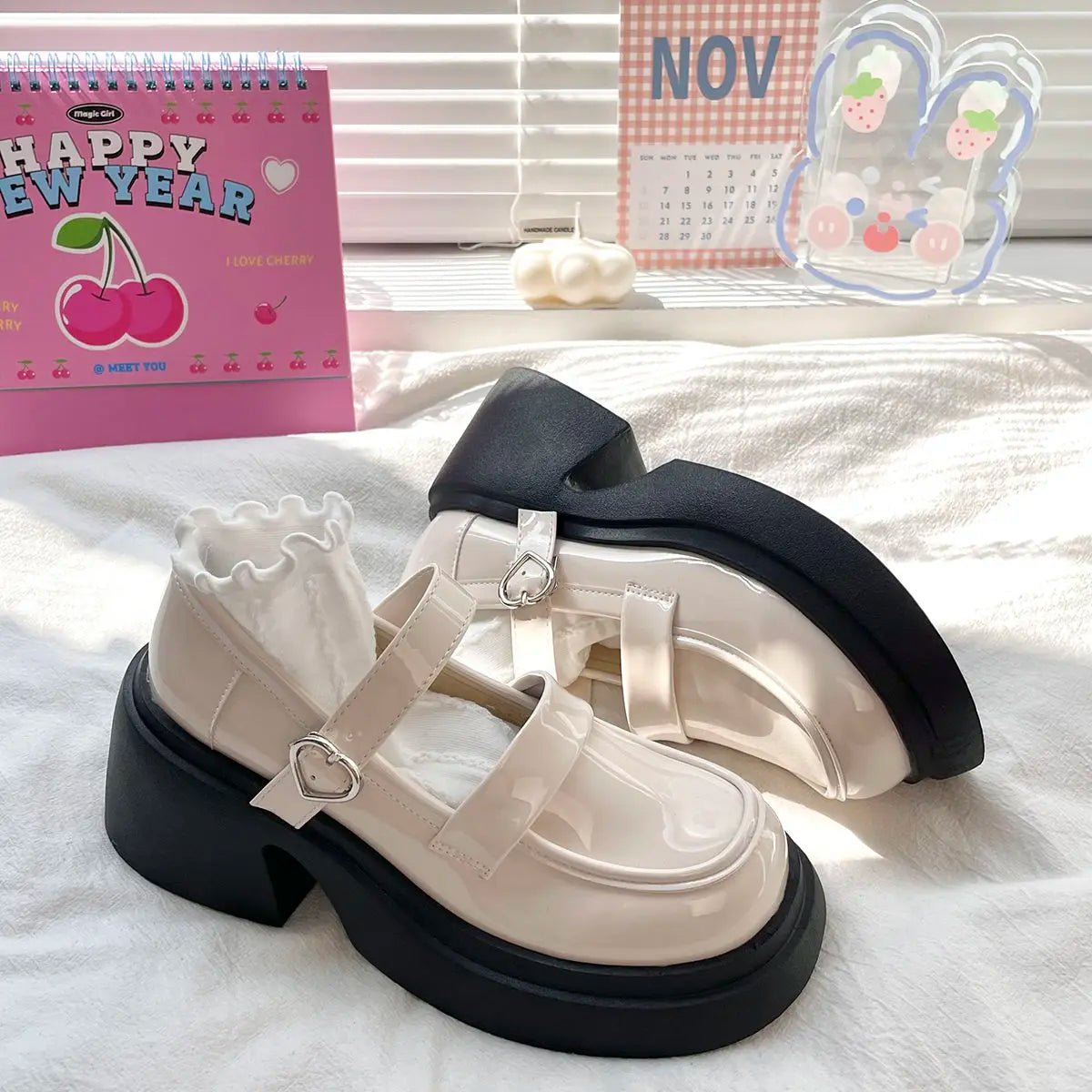 MQTIME - Women Platform Basic Mary Jane Shoes Prepppy Style Leather Heart Lolita Shoes Japanese Jk Female High Heel Shoes