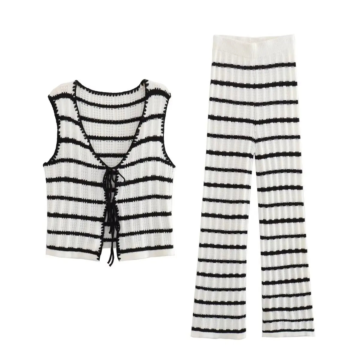 MQTIME - Women Fashion Knitted Striped Waistcoat Pants Set V Neck Front Tie Sleeveless Vest Tank Tops Elastic Waist Trousers Streetwear