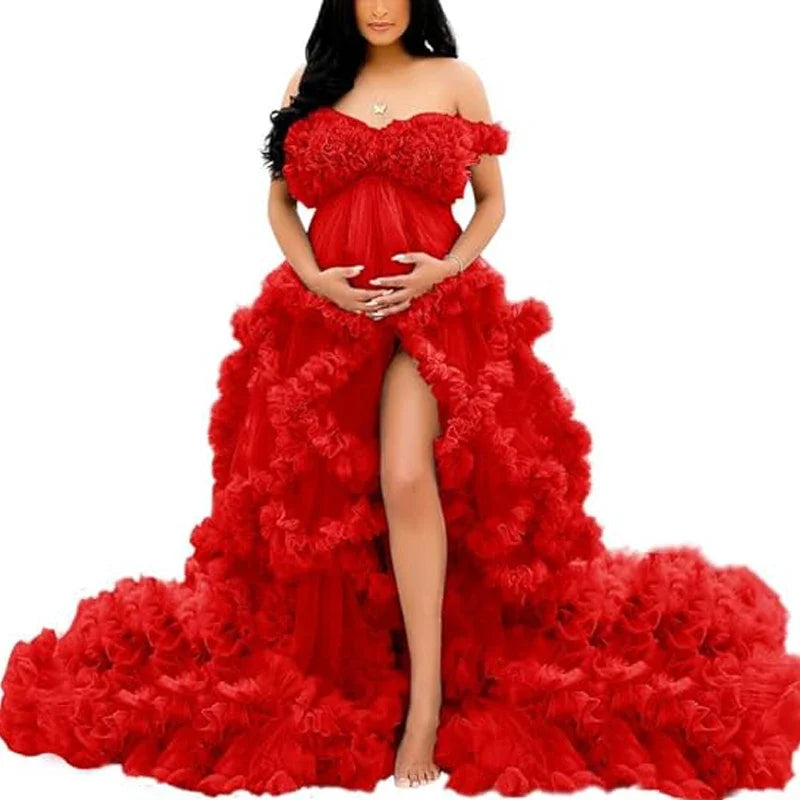 MQTIME - Maternity Photoshoot Tulle Maxi Gown Baby Shower Dress Tiered Ruffles Party