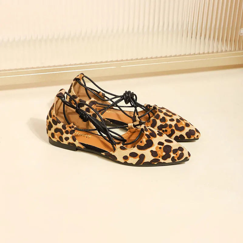 MQTIME - 2024 New Sexy Leopard Single Shoes Women Pointed Shallow Mouth Buckle Hollow Shoes Flats Zapatos De Mujer 41-43 Large Size