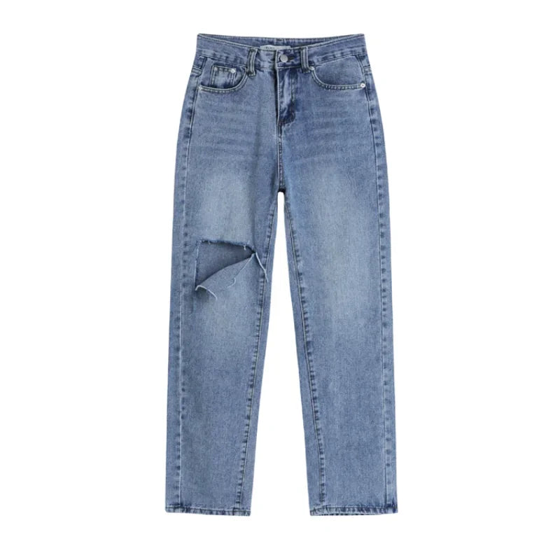 nvxiot - New Summer Women High Waist Straight Jeans Street Style Casual Ripped Hole Jeans Female Blue Washed Loose Pop Denim Pants