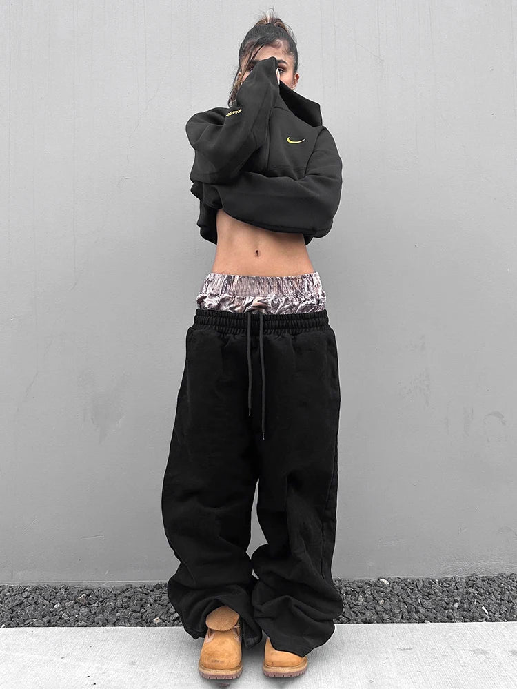 MQTIME - Weird Puss Fake Two-Piece Sweatpants Women Patchwork Trousers Casual Autumn Fashion Loose Sporty Wild Basic Street Long Bottom