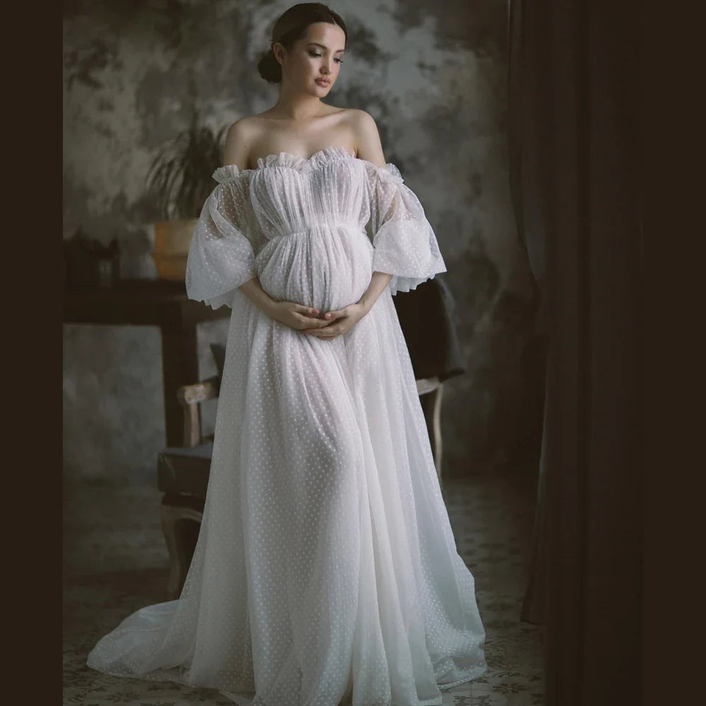 nvxiot - Maternity Photography Dresses Tulle off Shoulder Gown Boho Bridal Dot Wedding Dress Photo Shoot Photography Dress For Women