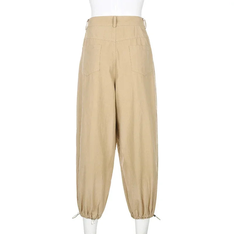 nvxiot - Women Y2K Khaki Adjustable Waist Oversized Cargo Pants Loose Fashion New Drawstring 90s Long Pant Fall Hip Hop Streetwear