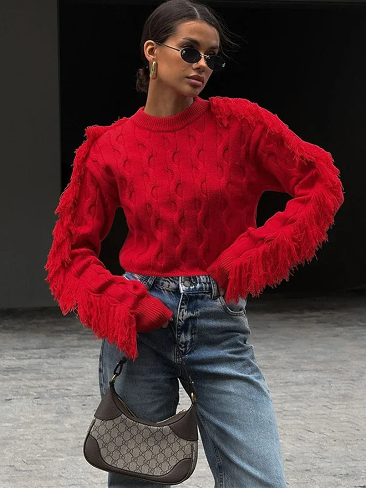 MQTIME - Tassel Long Sleeve Sweater For Women's 2024 Winter Slim O Neck Short Pullover Autumn Street Red Trendy Slim Knit Sweater