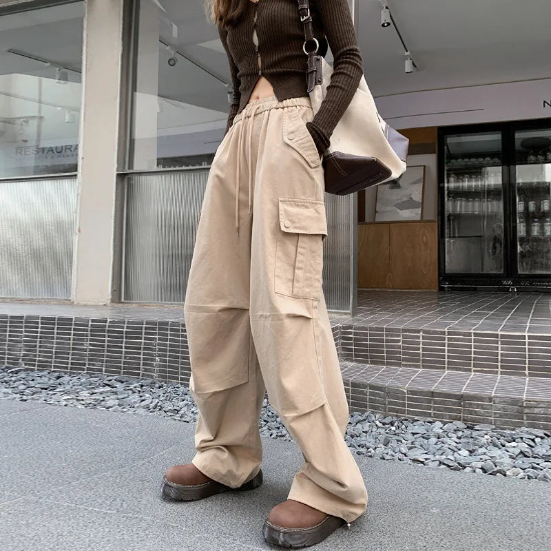 nvxiot Women cargo pants Autumn Winter New Elastic High Waist Wide Leg Casual Pants y2k Women American Loose Sports Parachute trousers