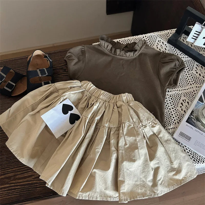 MQTIME - 2024 Korean Summer Children Girl 2PCS Clothes Set Bubble Short Sleeve Undershirt Solid Versatile Pleated Skirt Baby Girl Outfits