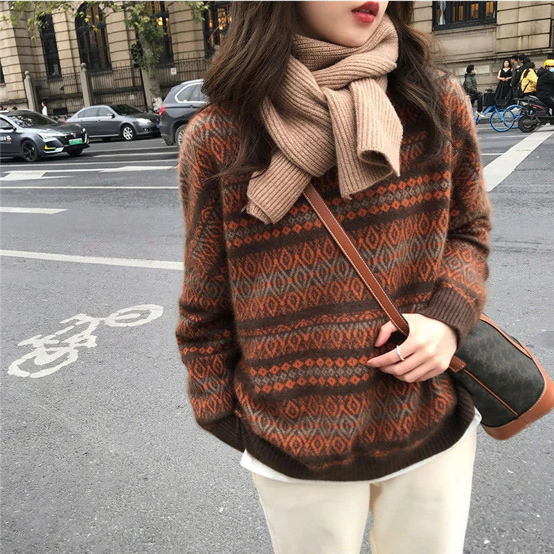nvxiot Women Sweater autumn vintage diamond check crew neck Knitwear design sense loose top coat winter women wool warm V-neck cardigan