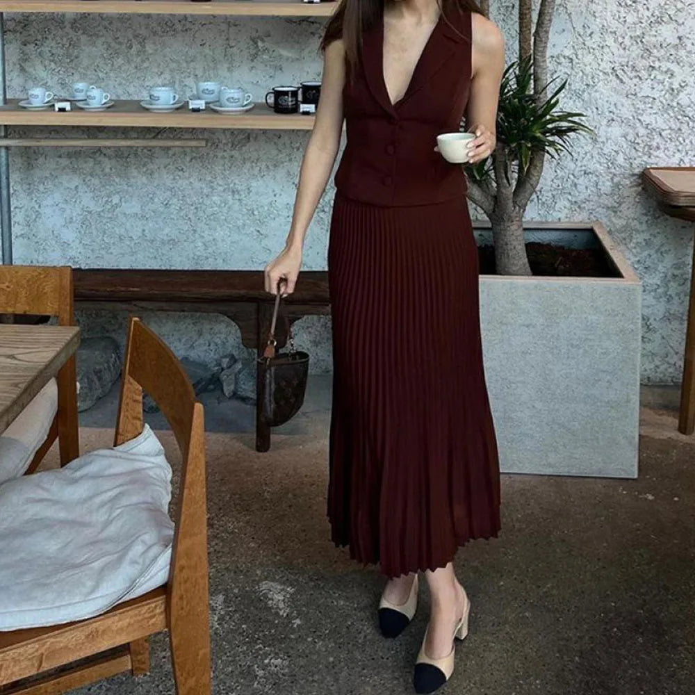 MQTIME - Women Summer 2 Piece Business Suit Sleeveless Button Front Vest High Elastic Waist Pleated Swing A Line Skirts Casual Set