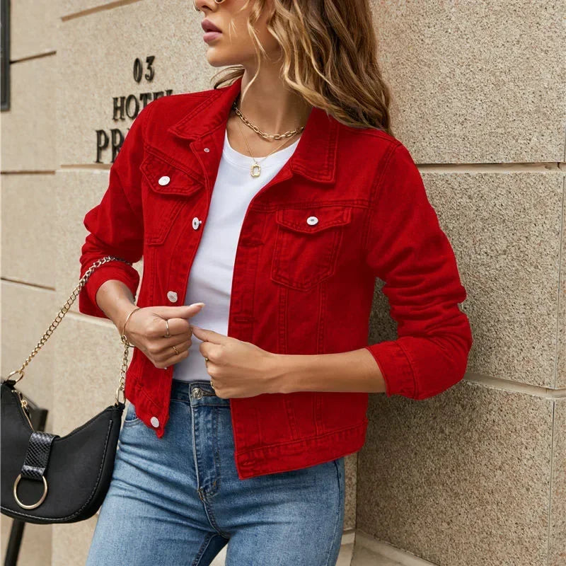 MQTIME - 2024 New Women Short Denim Jackets Fashion Female Casual Long Sleeve Lapel Solid Button Pocket Slim Jean Jacket Fall Winter Coat
