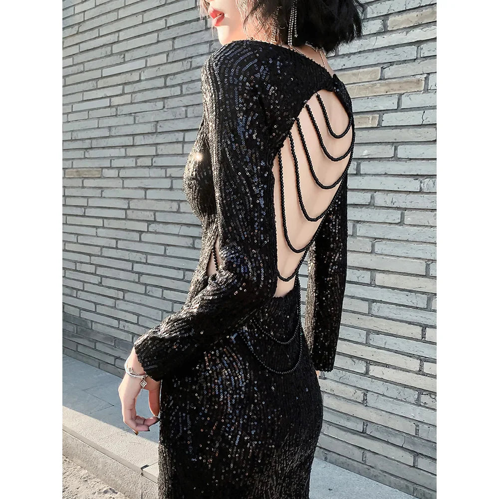 MQTIME - Sexy Black Mermaid Banquet Dress Deep V-Neck Beading Backless High Slit Floor Length Formal Evening Dresses Maxi Vestido