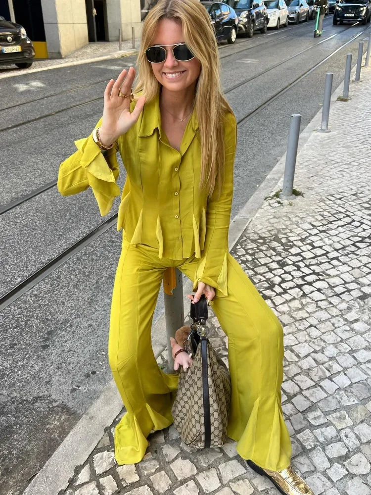 MQTIME - Elegant Satin Straight Flared Pants Suit Women Fashion Lapel Long Sleeves Buttons Ruffles Shirt Sets Summer Lady Street Outfits