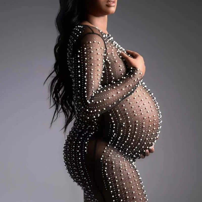 nvxiot - Mesh See Through Maternity Photography Long Dresses Pearl Transparent Tulle Pregnancy Photo Shoot Dress For Women Gown Party