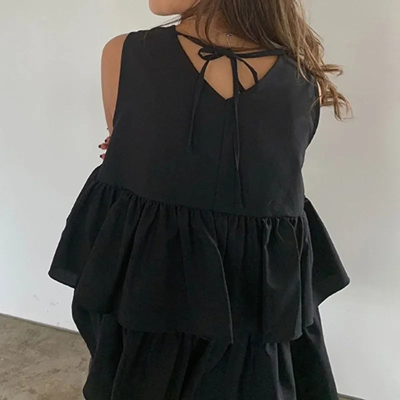 MQTIME - Black Sleeveless Women's New Fashion Summer Kawaii Round Neck T-shirt Top with Ruffled Cute Korean Loose Women's Vest Top