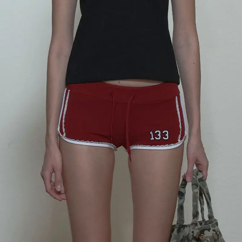 nvxiot - Sports Spicy Girl Lace Contrast Shorts Women Clothing Summer New Fashion Low Waist Tight Red Retro American Versatile Hot Pants
