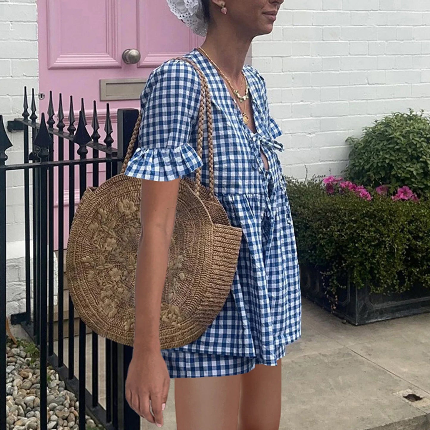 nvxiot - Women's Summer Plaid Outfits Ruffled Short Sleeve Tie-Up Front Peplum Tops with Elastic Waist Shorts Set Streetwear