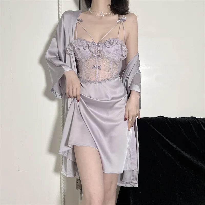 MQTIME - Women Robe And Gown Sets Light Purple Bathrobe Sexy Lingerie Satin Kimono Two Piece Set Summer Lace Hollow-out Nightgown