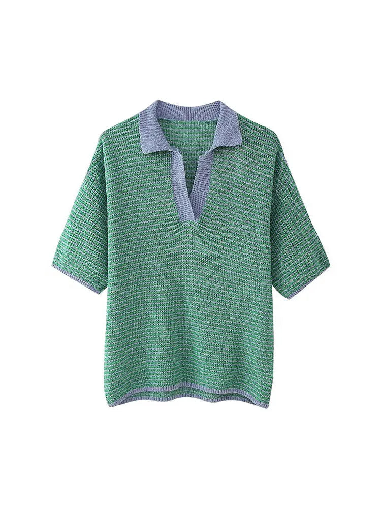 MQTIME - Women's 2024 Elegant Knitted Pullover Lapel V-shaped Polo Collar Summer Short Sleeves Striped Stylish Street Tops