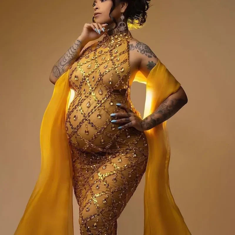 MQTIME - Embellished Maternity dress for pregnancy photoshoot Sexy sparkling Rhinestone Ladies evening sleeveless Dresses