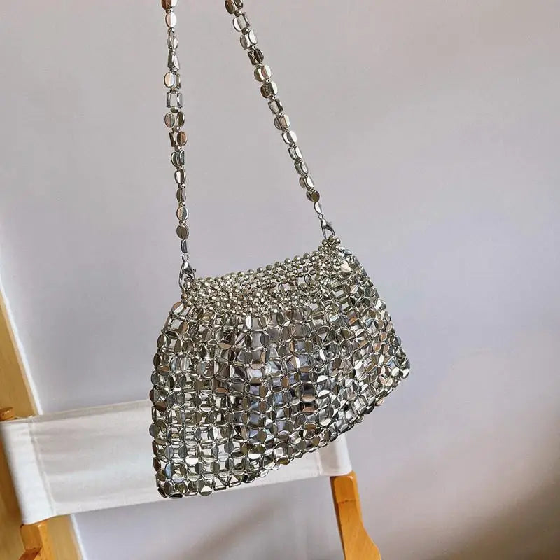 nvxiot - Vintage Handmade Ladies Handbag Weave Beaded Fashion Silver Color Shining Sequin Shoulder Bag Clutches Womens Party Handbag