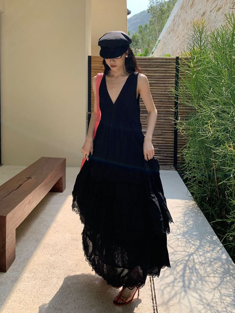 nvxiot Elegant Chic Tiered Maxi Dress V-neck Backless Rayon Beige Summer Lace Ruffles Holiday Women Casual Ladies Dresses New