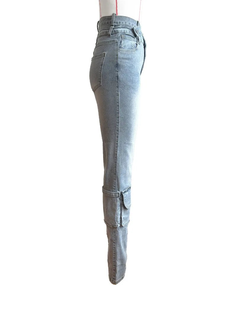 nvxiot - Multi Pockets Women Denim Cargo Pants High Stretch Cross Straps Button Fly Slim Casual Streetwear Jeans Trousers All Match