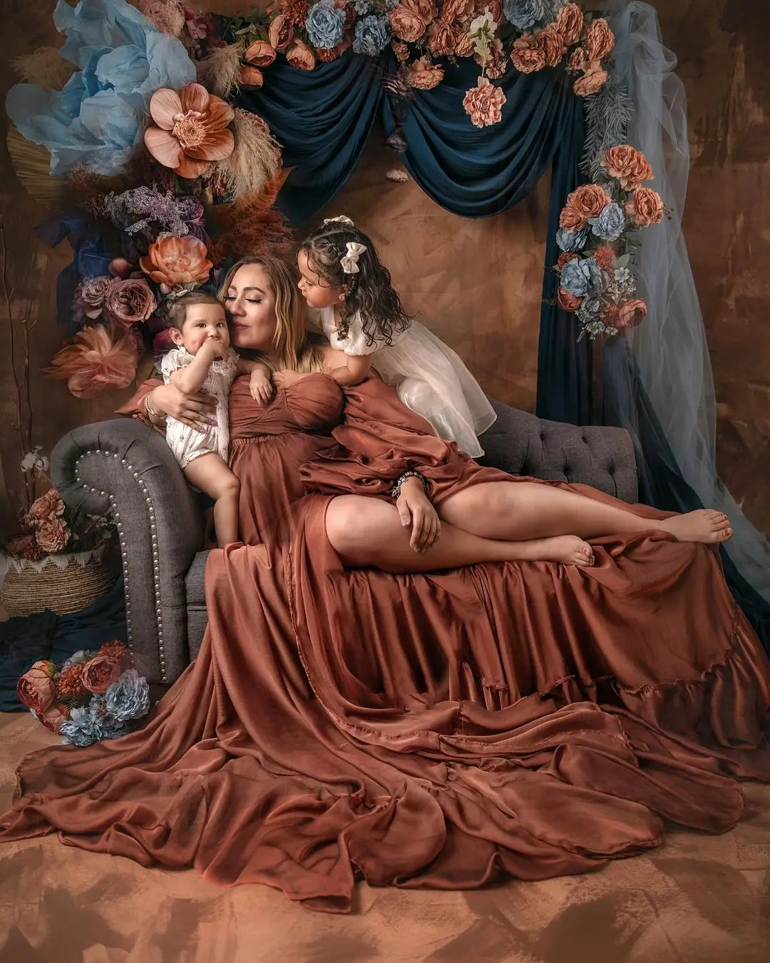 nvxiot - Vintage Brown Chiffon Maternity Photography Dress Plus Size Open Back Loose Pregnancy Gown for Photoshoot Baby Shower Robe