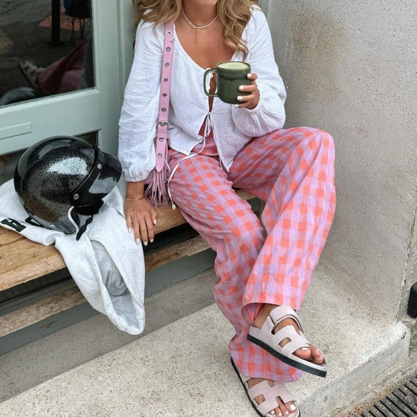 nvxiot - Y2K Womens Plaid Print Pants Vintage Elastic High Waist Wide Leg Loose Fit Trousers Casual Pull On Long Pants Streetwear