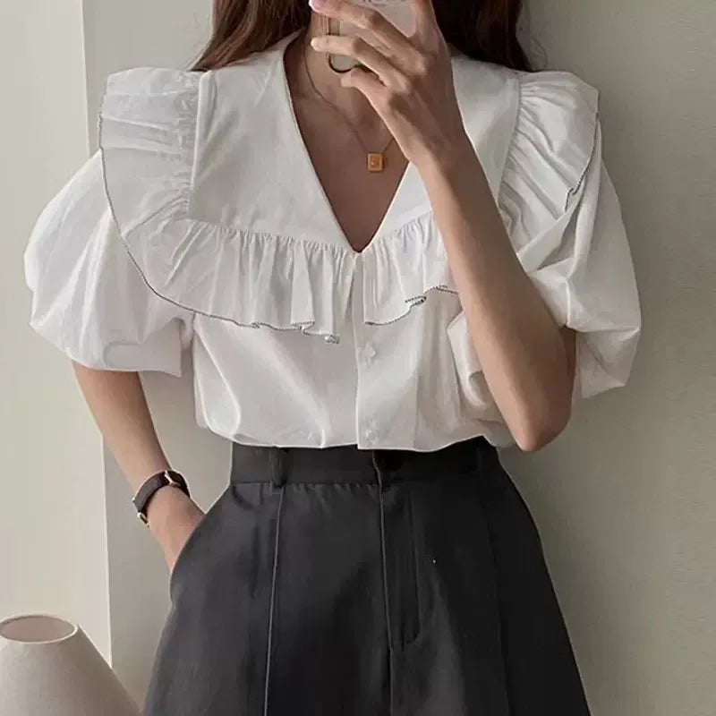 nvxiot - Korean Style Female Shirts Summer Minimalist Navy Collar Ruffle Stripe Blouse Loose Single Breasted Short Bubble Sleeve Tops