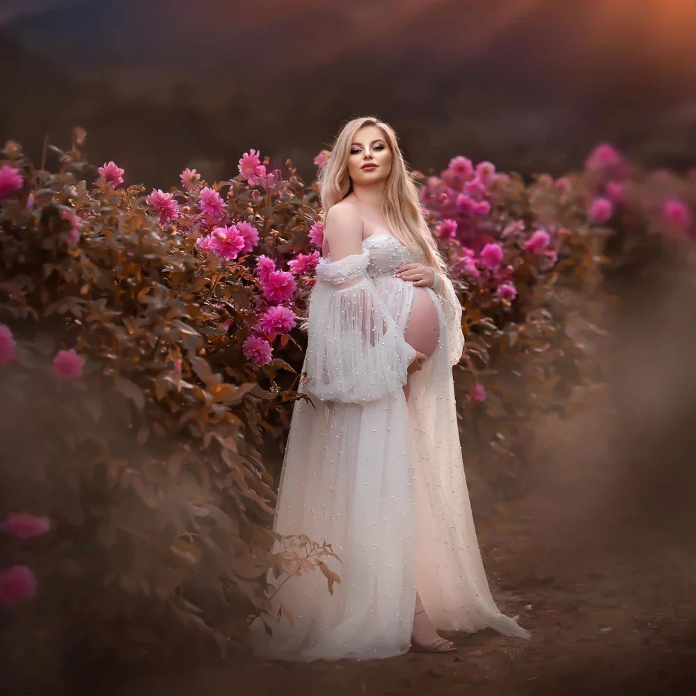 nvxiot - Pearl White Maternity Dress Photography Props Off Shoulder Maternity Photography Clothing Baby shower Gown Photo Shoot Pregnant