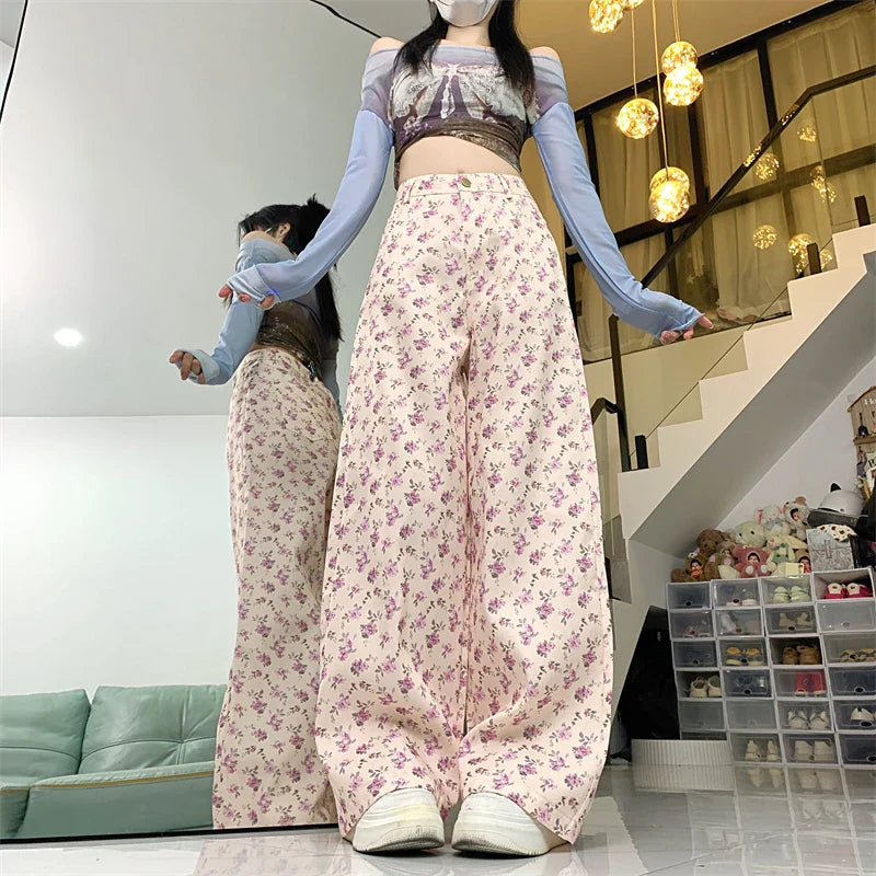 nvxiot - 2024 Spring/Summer floral loose fitting high waisted slimming straight leg wide leg pants for women's casual floor mopping pants