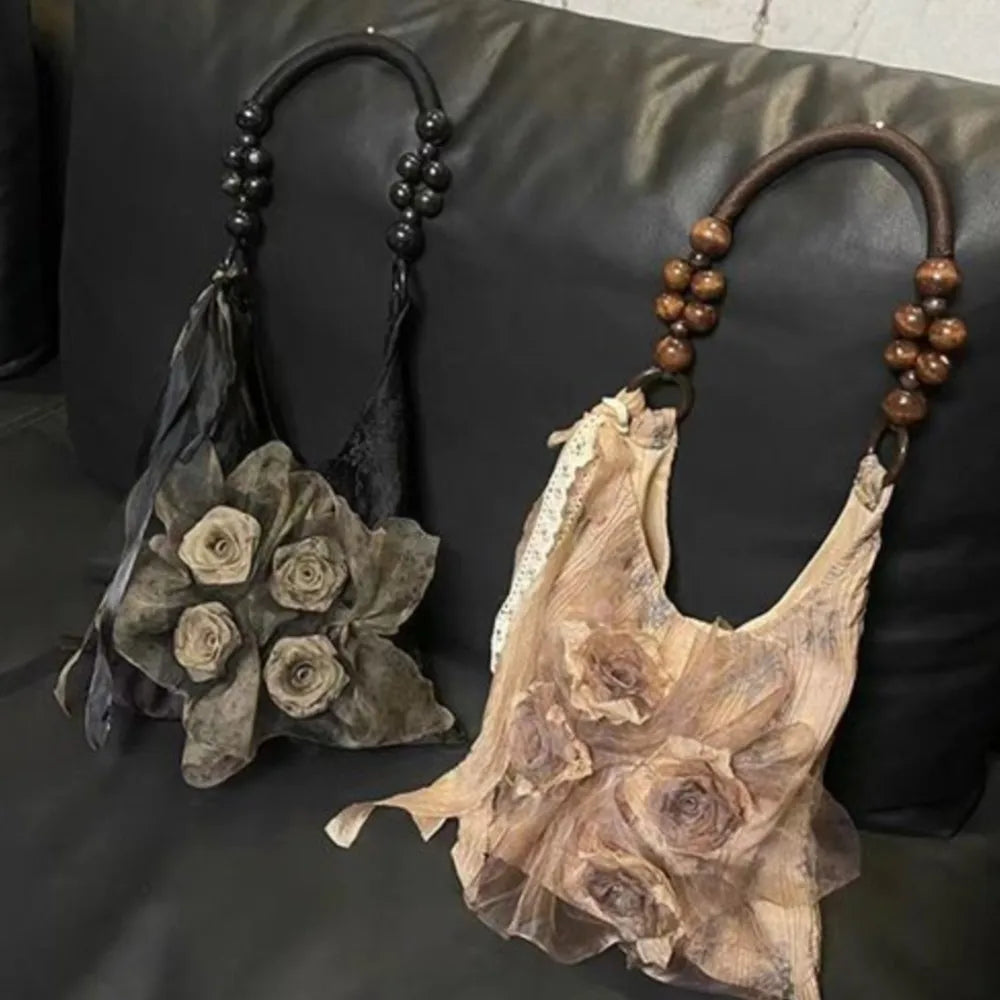 nvxiot - Fairy Core Rose Handbag Women Vintage Chinese Style Folds Chic Black Shoulder Bags Ladies Retro Sweet Cool Y2k Purses