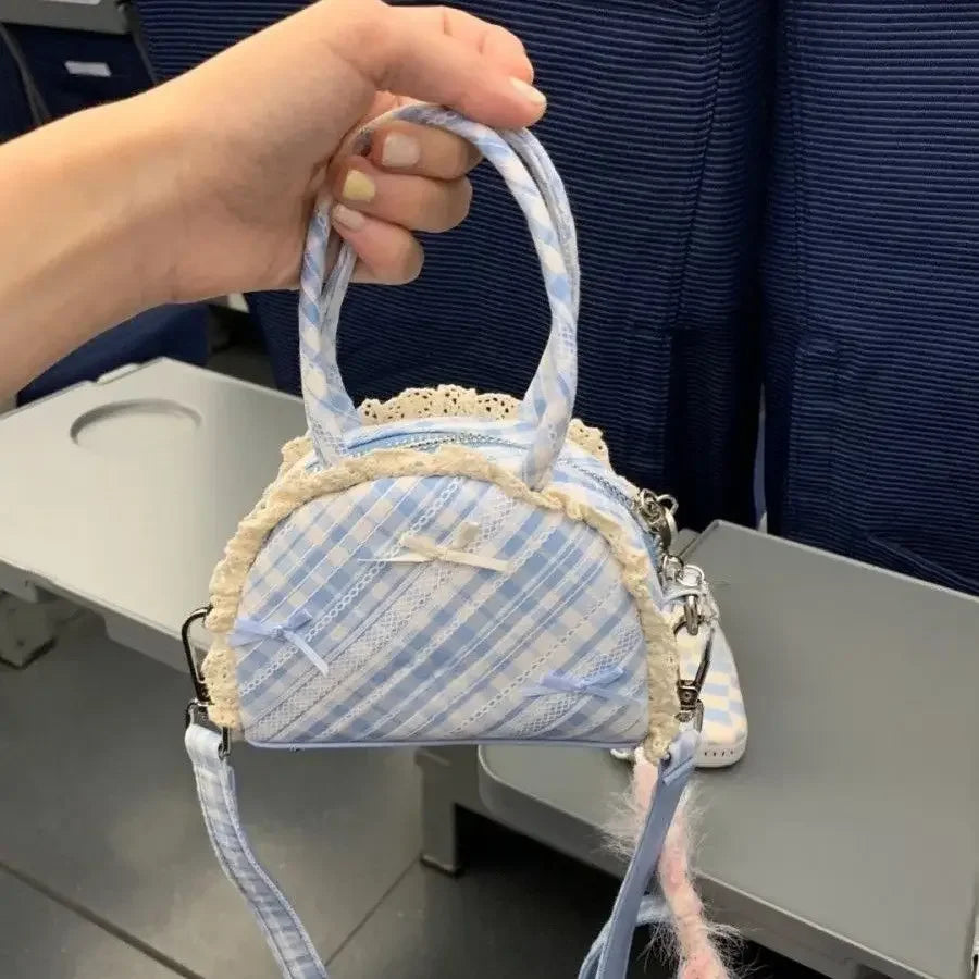 nvxiot - Plaid Blue Handbags for Women Small Cute Bow Sweet Fashion Designer Shoulder Bag Harajuku Literary Kawaii Ladies Coin Purse